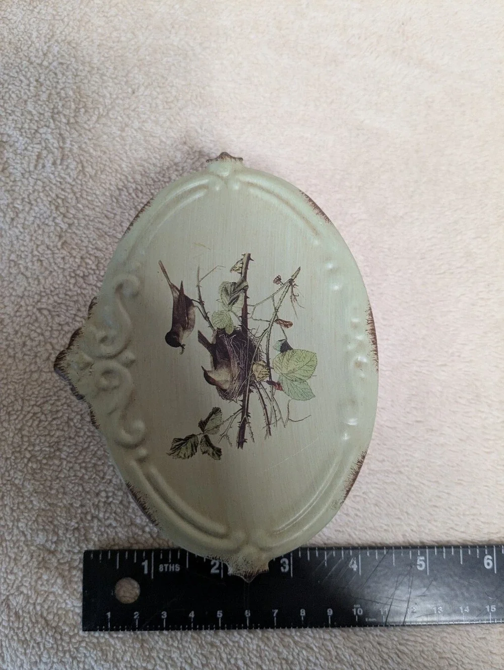 Vintage small metal storage trinket jewelry box bird nest design